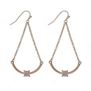 Gold tone fishhook earrings with a scoop bar and an opal bead. Approximately 2"